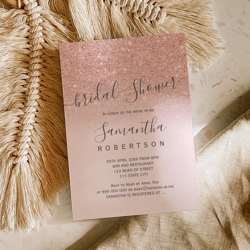 Rose gold glitter blush pink script bridal shower invitation