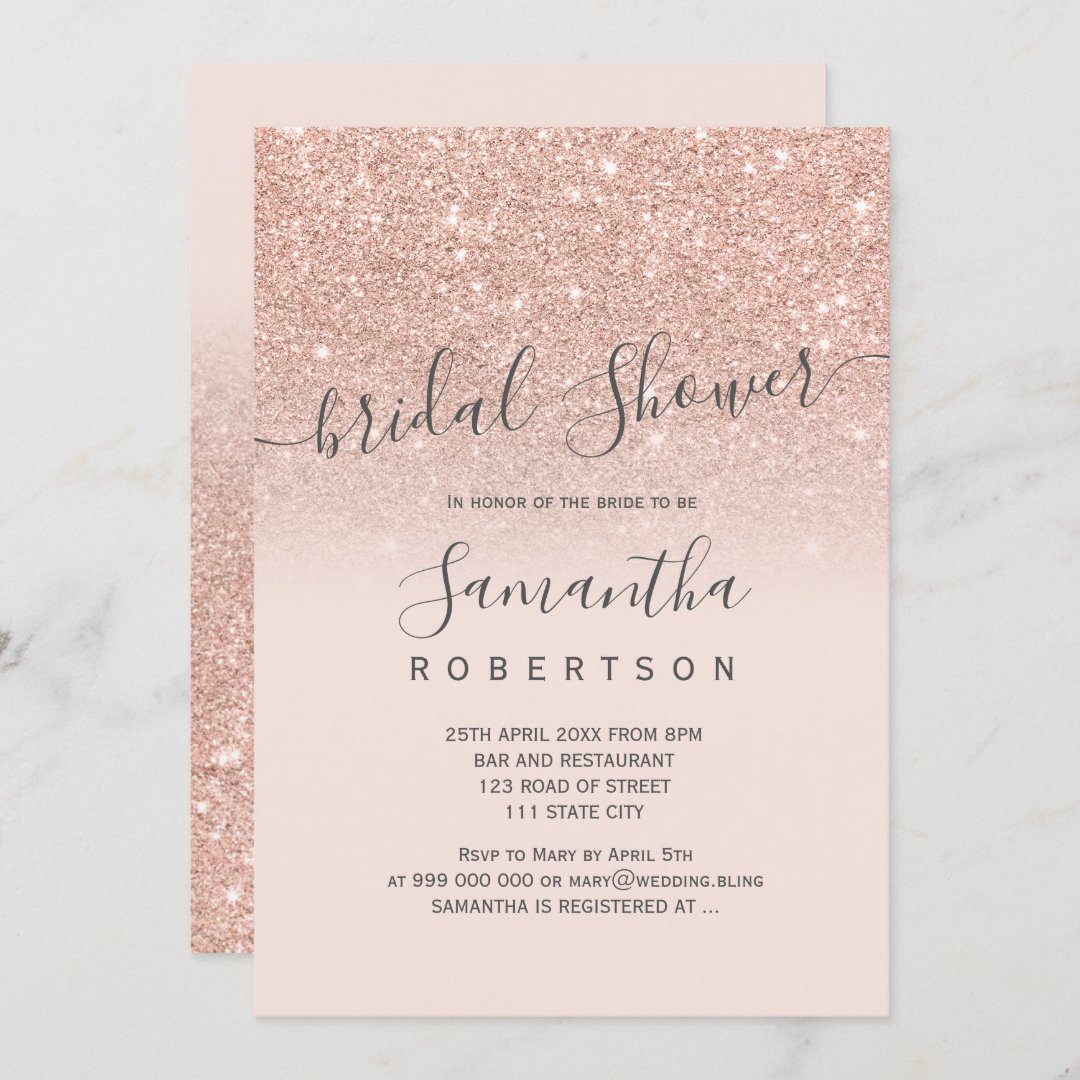 Rose gold glitter blush pink script bridal shower invitation | Zazzle