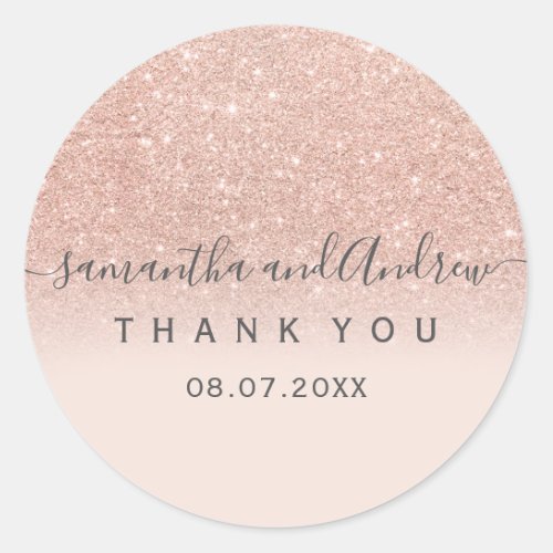 Rose gold glitter blush pink script Thank you Classic Round Sticker