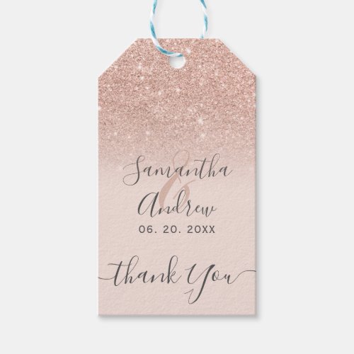 Rose gold glitter blush pink script wedding favor gift tags