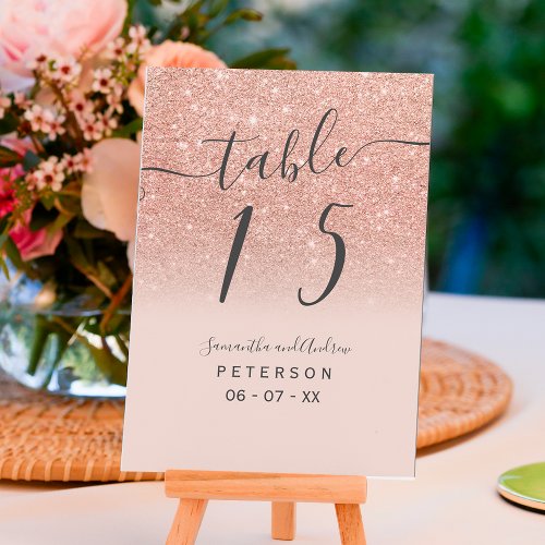 Rose gold glitter blush pink script wedding table table number