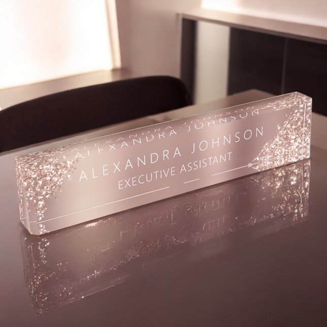 Rose Gold Glitter | Blush Pink Sparkle Glitter Desk Name Plate (Creator Uploaded)