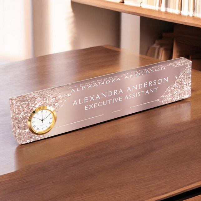 Rose Gold Glitter | Blush Pink Sparkle Glitter Desk Name Plate (Creator Uploaded)
