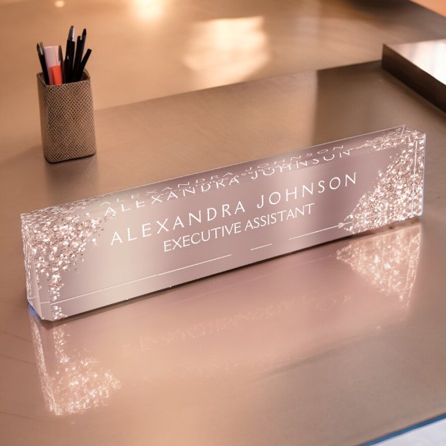 Rose Gold Glitter | Blush Pink Sparkle Glitter Desk Name Plate (Creator Uploaded)