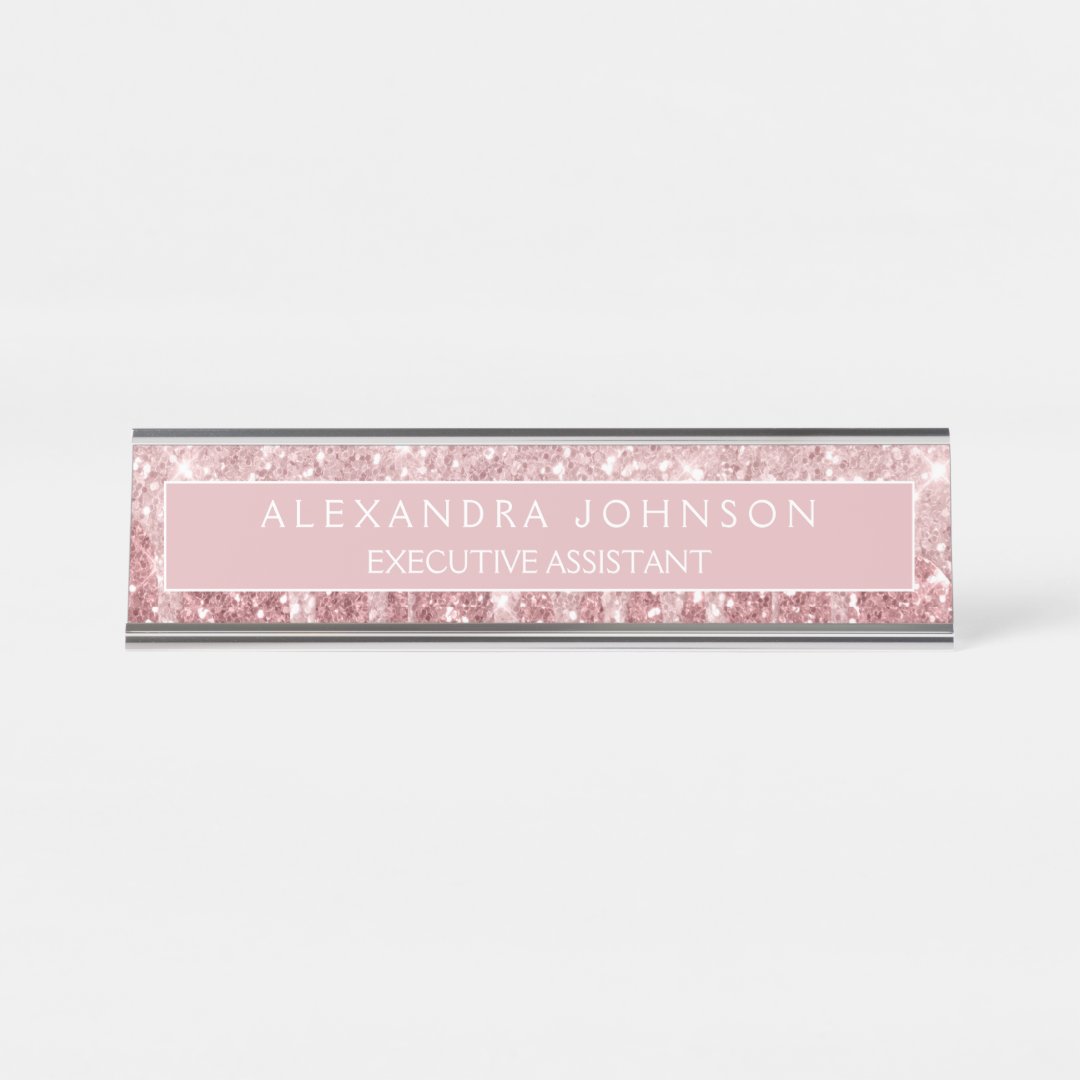 Rose Gold Glitter | Blush Pink Sparkle Modern Desk Name Plate | Zazzle