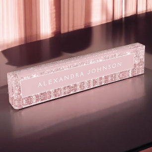 Rose Gold Glitter Blush Pink Sparkle Modern Desk Name Plate