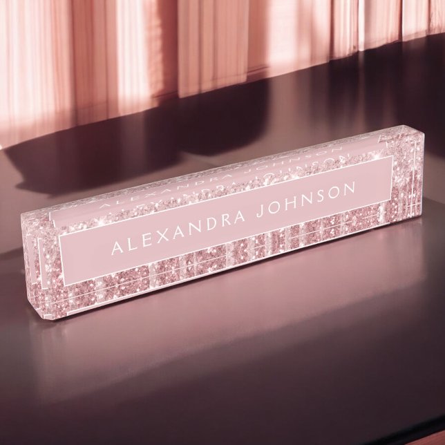 Rose Gold Glitter | Blush Pink Sparkle Modern Desk Name Plate (Creator Uploaded)