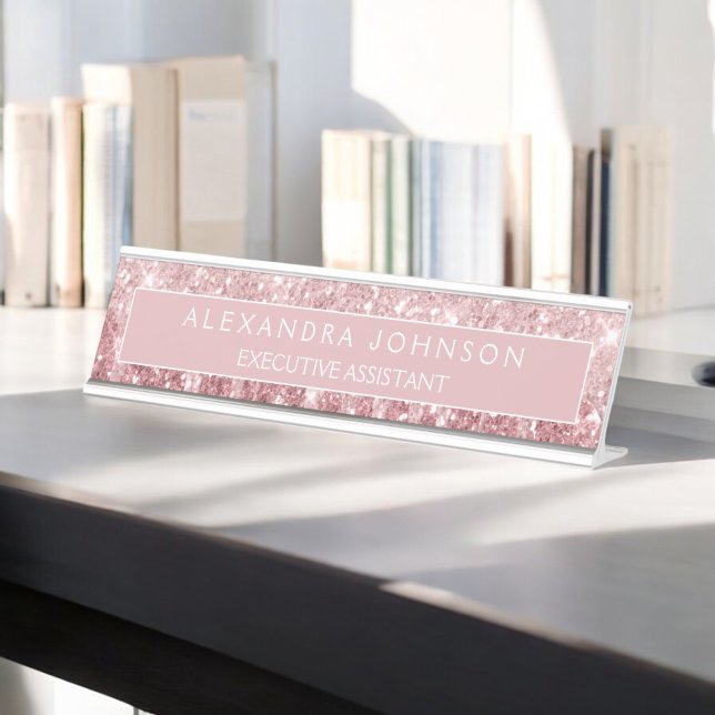 Rose Gold Glitter | Blush Pink Sparkle Modern Desk Name Plate (Creator Uploaded)