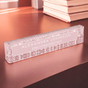 Rose Gold Glitter Blush Pink Sparkle Modern Desk Name Plate