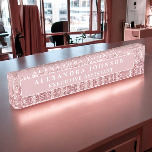 Rose Gold Glitter | Blush Pink Sparkle Modern Desk Name Plate