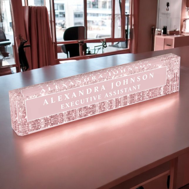 Rose Gold Glitter | Blush Pink Sparkle Modern Desk Name Plate (Creator Uploaded)