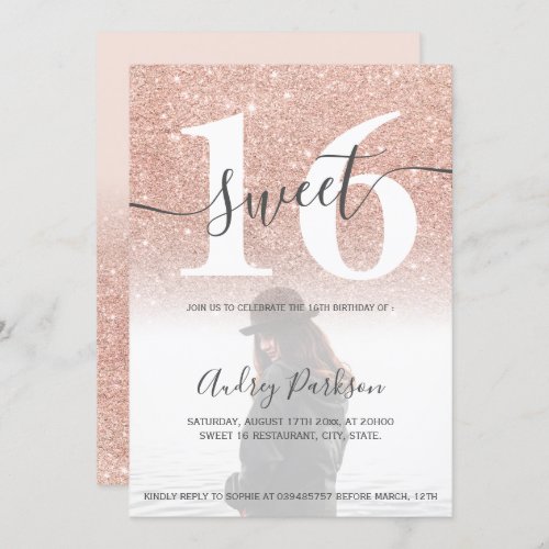 Rose gold glitter blush pink Sweet 16 photo Invitation