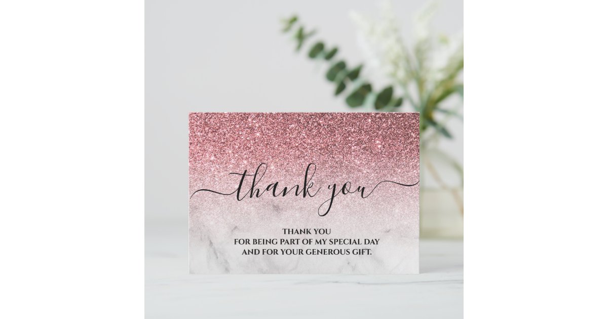 Rose gold glitter blush pink thank you card | Zazzle