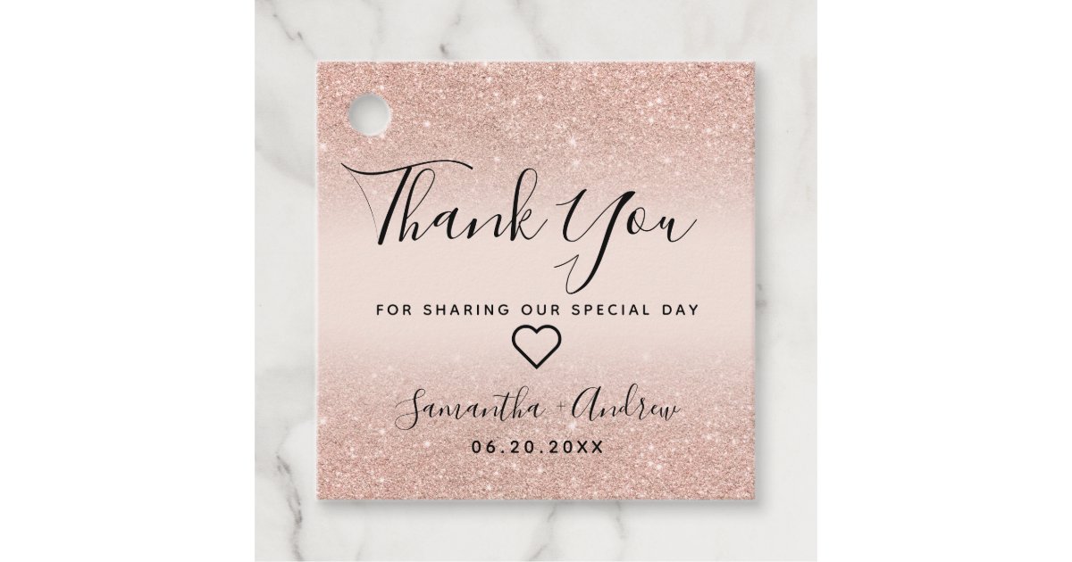 Rose gold glitter blush pink thank you wedding favor tags | Zazzle