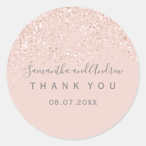 Rose gold glitter blush pink typography  Thank you Classic Round Sticker