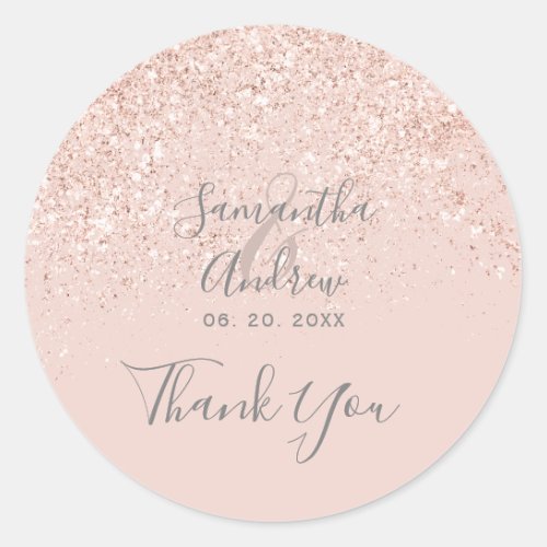 Rose gold glitter blush pink typography thank you classic round sticker