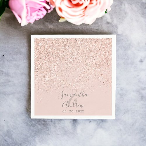 Rose gold glitter blush pink typography wedding napkins