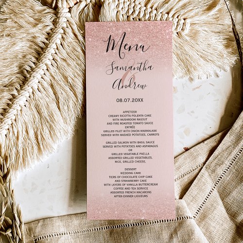 Rose gold glitter blush pink wedding menu