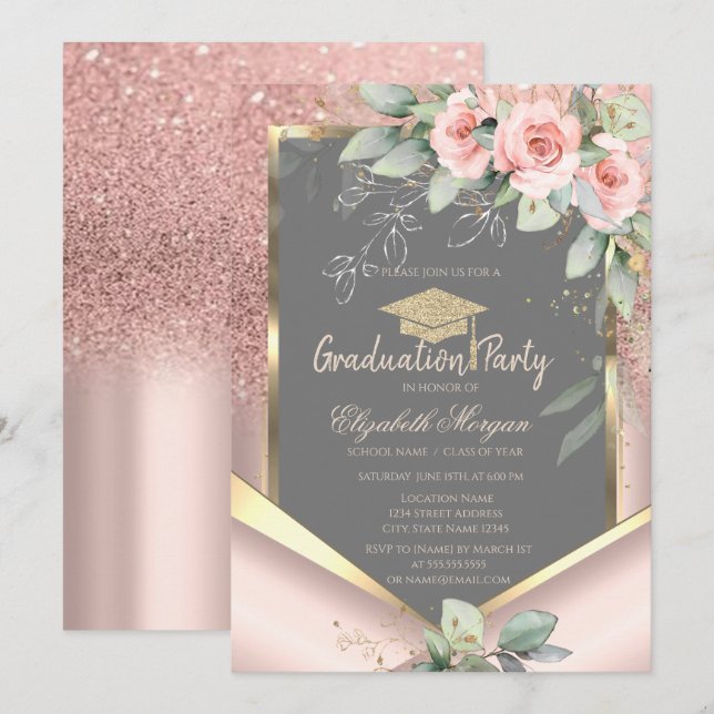 Rose Gold Glitter Blush Roses Graduation Invitation (Front/Back)
