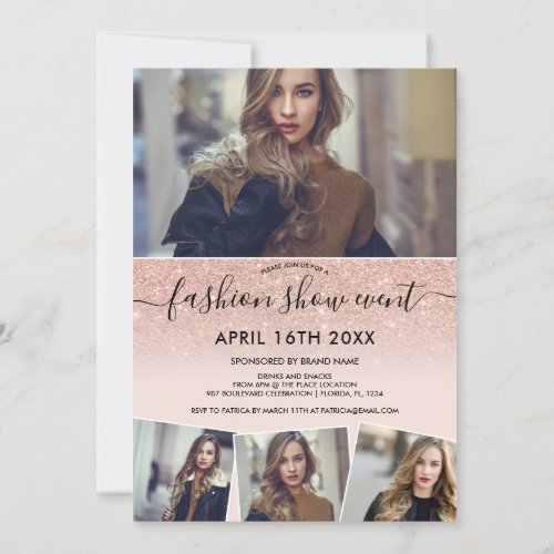 Rose gold glitter blush script photos fashion show invitation
