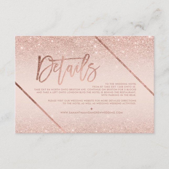 Rose gold glitter blush script wedding direction enclosure card (Front)