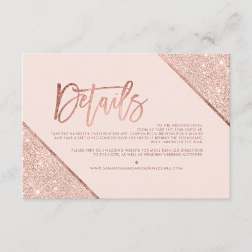 Rose gold glitter blush script wedding directions enclosure card