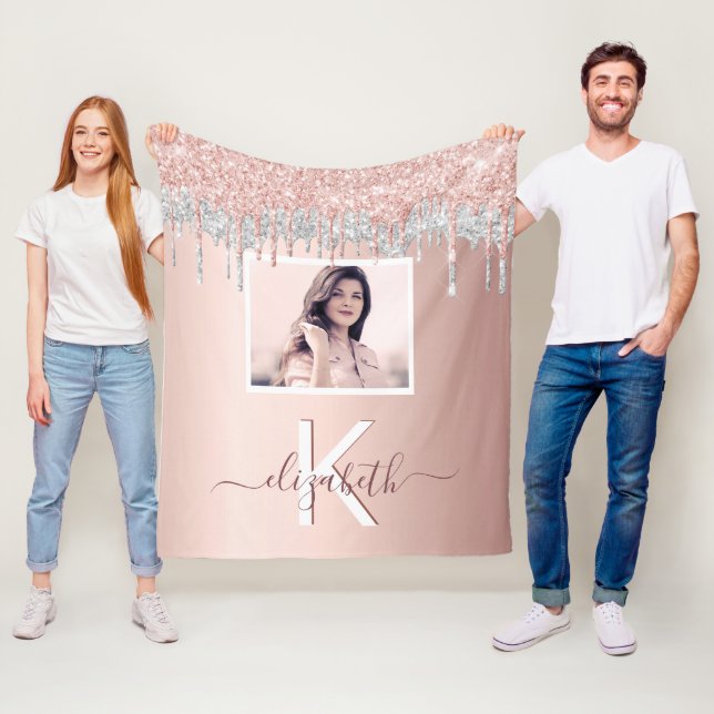 Rose gold glitter blush silver photo monogram fleece blanket (In Situ)