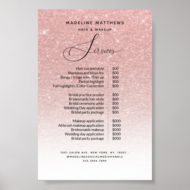Rose Gold Glitter Blush Sparkle Salon Price List Poster (Front)