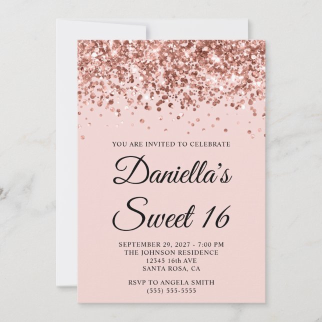 Rose Gold Glitter Blush Sweet 16 Invitation (Front)