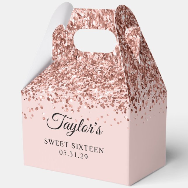Rose Gold Glitter Blush Sweet Sixteen Favor Boxes (Front)