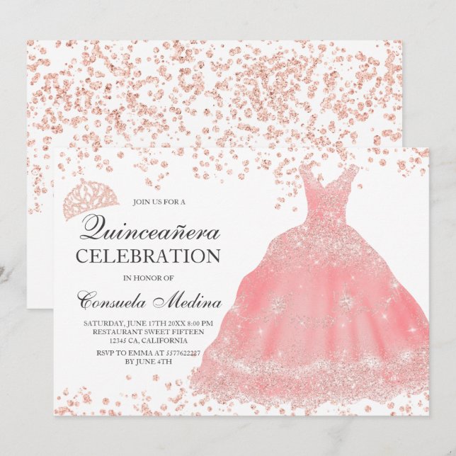 Rose gold glitter blush tiara dress Quinceañera Invitation (Front/Back)