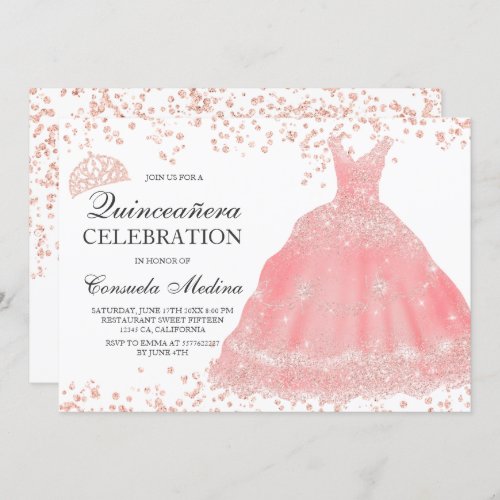 Rose gold glitter blush tiara dress Quinceaera Invitation