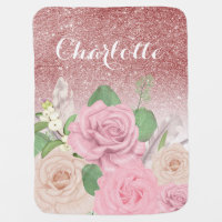 Rose Gold Glitter Boho Floral Bouquet Custom Name Baby Blanket