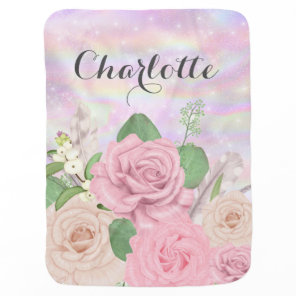 Rose Gold Glitter Boho Floral Bouquet Custom Name Baby Blanket