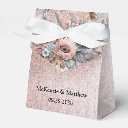 Rose Gold Glitter Boho Florals Feathers Wedding Favor Boxes