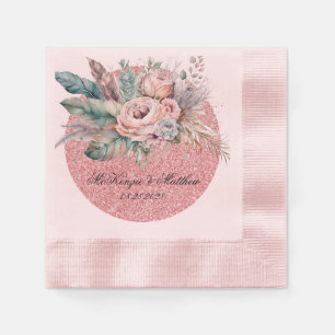 Rose Gold Glitter Boho Florals Feathers Wedding Napkins