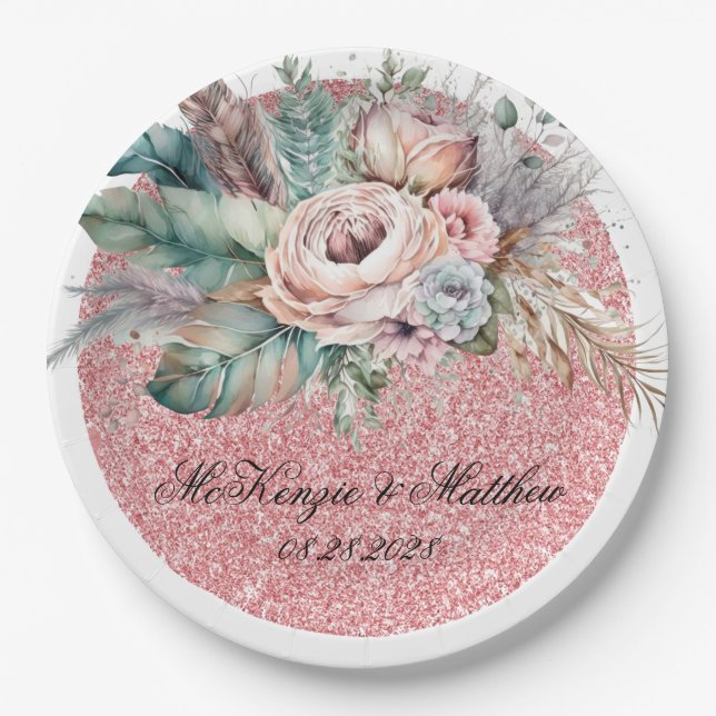 Rose Gold Glitter Boho Florals Feathers Wedding Paper Plates (Front)