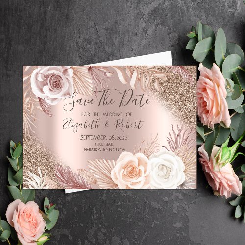 Rose Gold Glitter Boho Flowers Ombre Save The Date
