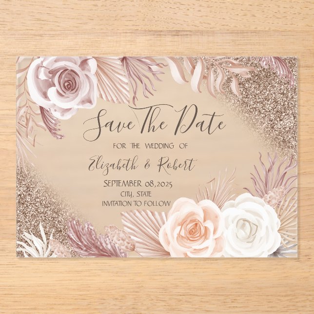 Rose Gold Glitter Boho Flowers Ombre Save The Date Acrylic Invitations (Front)