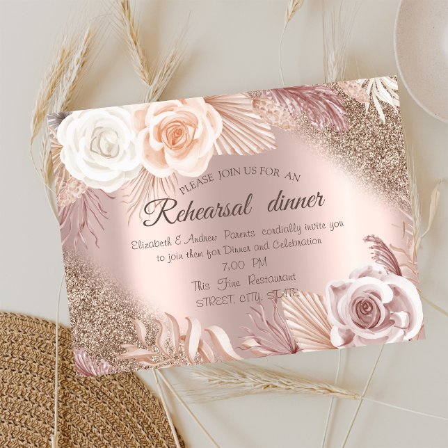  Rose Gold Glitter  Boho Flowers Rehearsal Dinner  Invitation (Creator Uploaded)