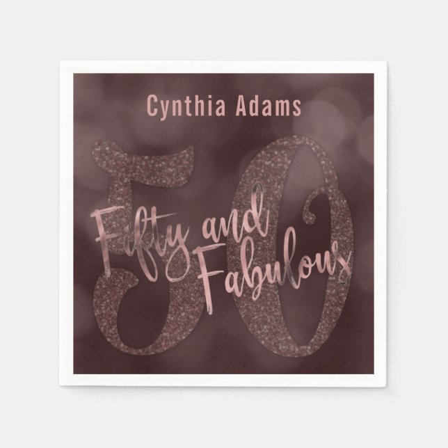 Rose Gold Glitter & Bokeh 50 & Fabulous Typography Napkins (Front)