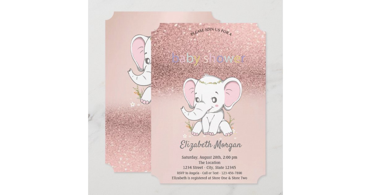 Rose Gold Glitter Bokeh,Baby Elephant Baby Shower Invitation Zazzle