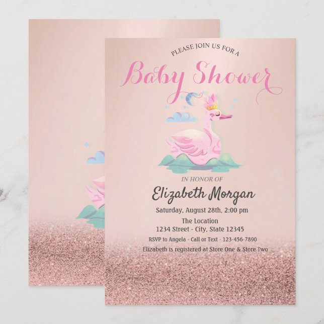 Rose Gold Glitter Bokeh,Baby Swan Baby Shower Invitation (Front/Back)