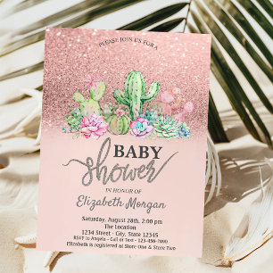 Rose Gold Glitter Bokeh, Cactus Baby Shower Invitation