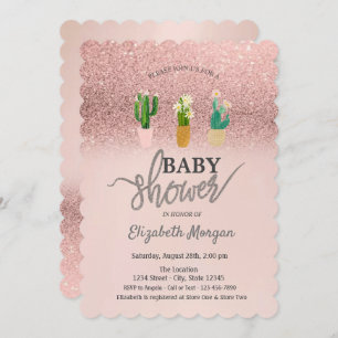 Rose Gold Glitter Bokeh,Cactus Plants Baby Shower Invitation