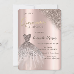 Rose Gold Glitter Bokeh Dress Quinceañera Invitation