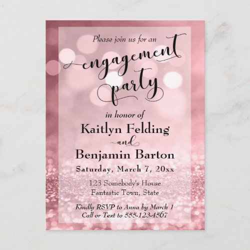 Rose Gold Glitter Bokeh Engagement Party Invitation Postcard