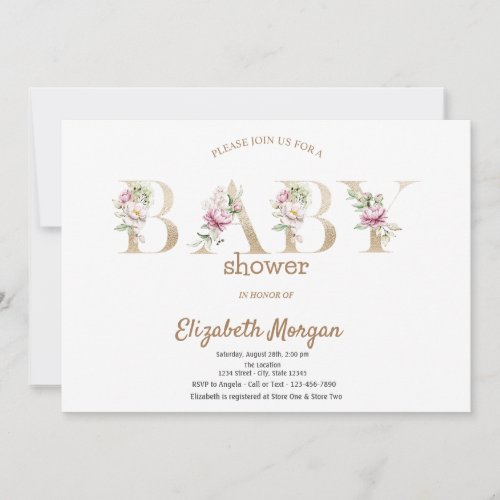 Rose Gold Glitter Bokeh Floral Baby Shower Invitation