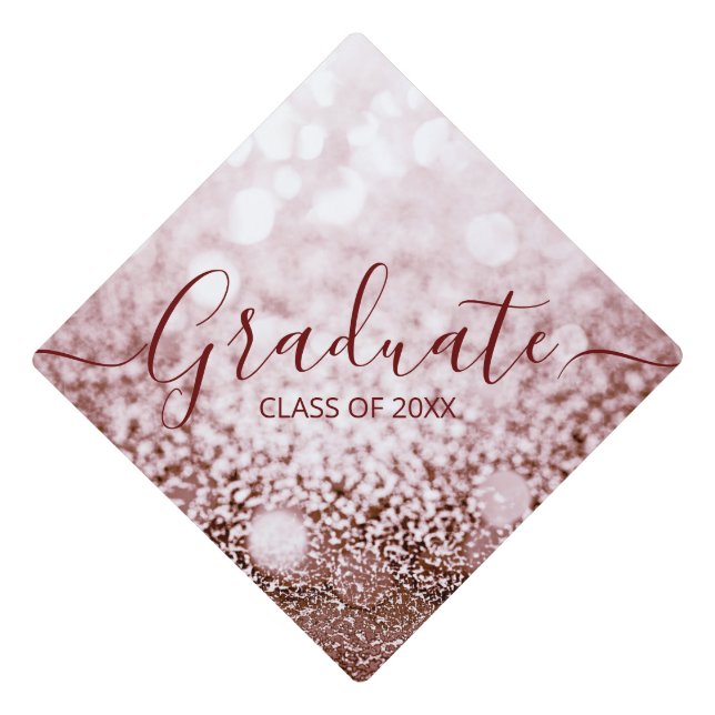 Rose Gold Glitter Bokeh Graduation Cap Topper (Front)