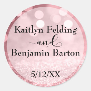 Rose Gold Glitter Bokeh Names & Wedding Date Classic Round Sticker